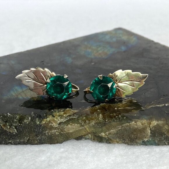 VTG Sterling Silver 925 Round Faceted Green Glass Leaf Screw Back Earrings - Picture 2 of 16